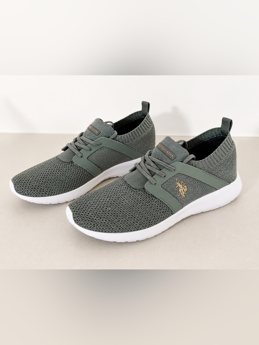 U.S. Polo Assn. Olive Gray Knit Slip-On Sneakers White Sole Women’s Size 10